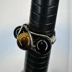 Tiger eye ring 8mm beads black glass handmade silver color wire wrap